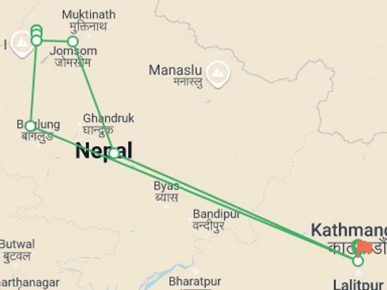 Map itinerary of Pokhara Tour in November 2025 with 7 destination visits for the trip: Dhampus Peak Climb