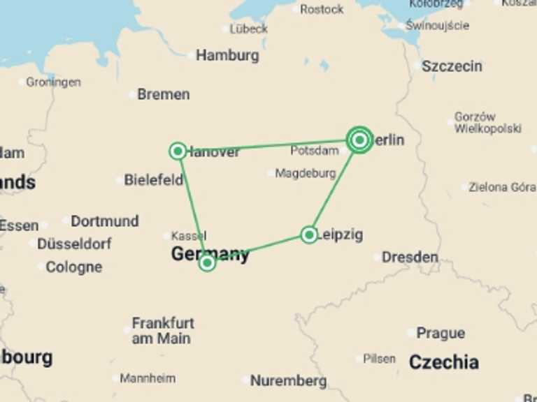 Map of Europe Explorer Tour with 4 destination visits for the trip: Adventure in the Heart of Germany with Berlin