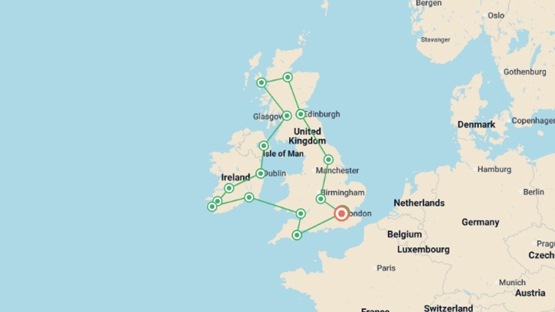 A map showing the tour itinerary for the trip: Romantic Britain & Ireland, starting in Stratford, England and ending in London, England going through 15 other destinations.
