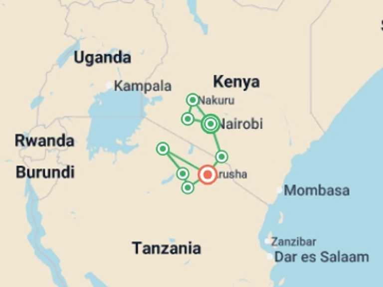 Map of 13-Day Nairobi Tour with 8 destination visits for the trip: Wildlife of Kenya & Tanzania: Nakuru to Serengeti