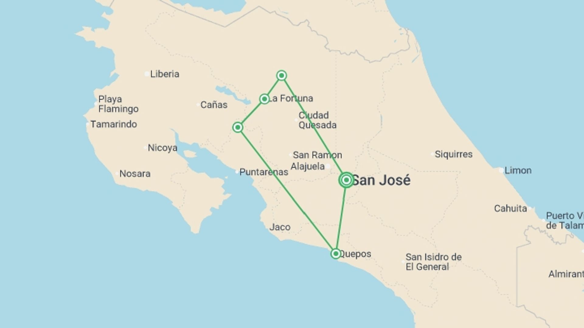 A map showing the tour itinerary for the trip: Costa Rica Experience, starting in San Jose, Costa Rica and ending in San Jose, Costa Rica going through 7 other destinations.