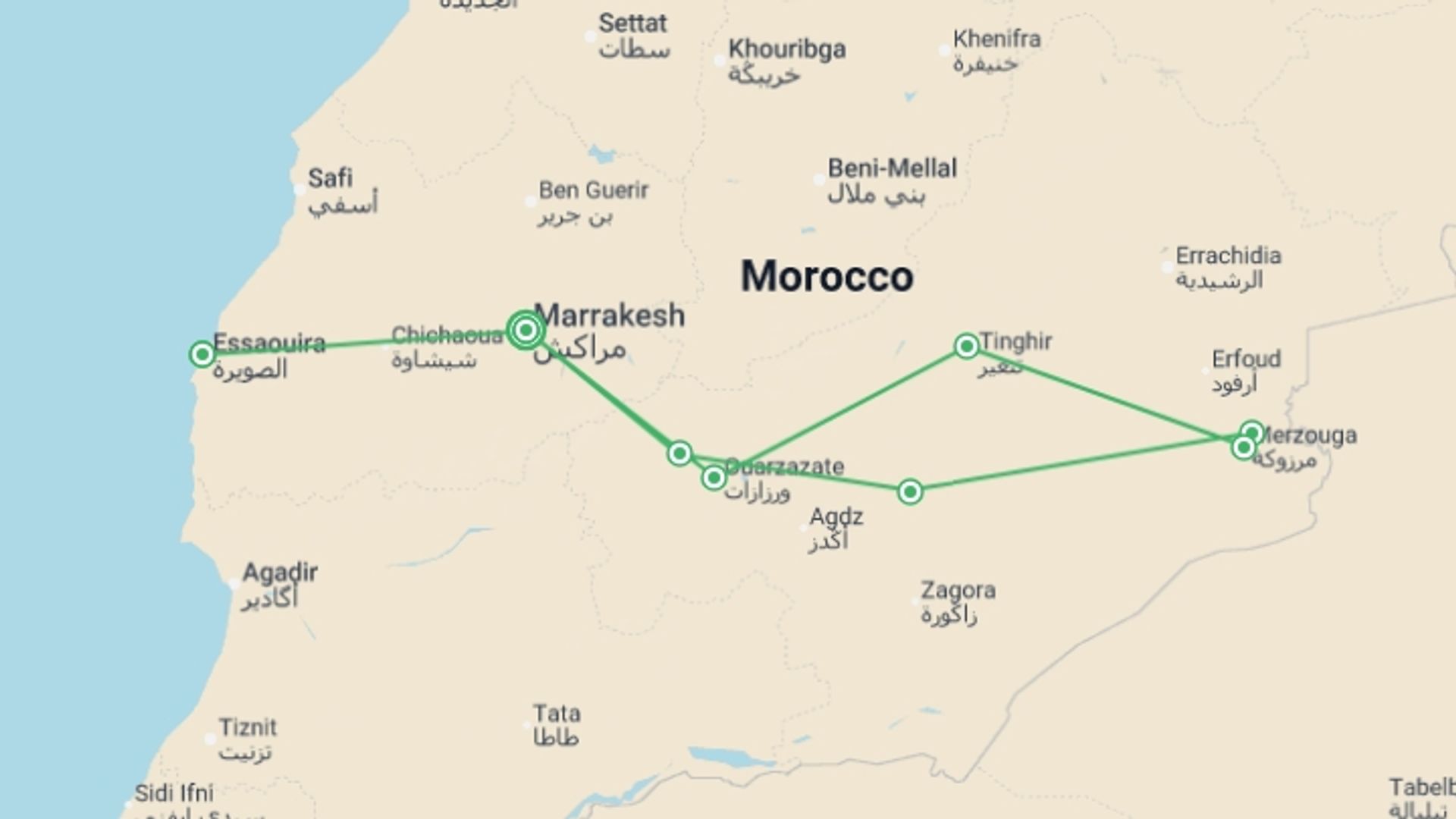A map showing the tour itinerary for the trip: Morocco Family Adventure & Beach - 12 days, starting in Marrakech, Morocco and ending in Marrakech, Morocco going through 6 other destinations.