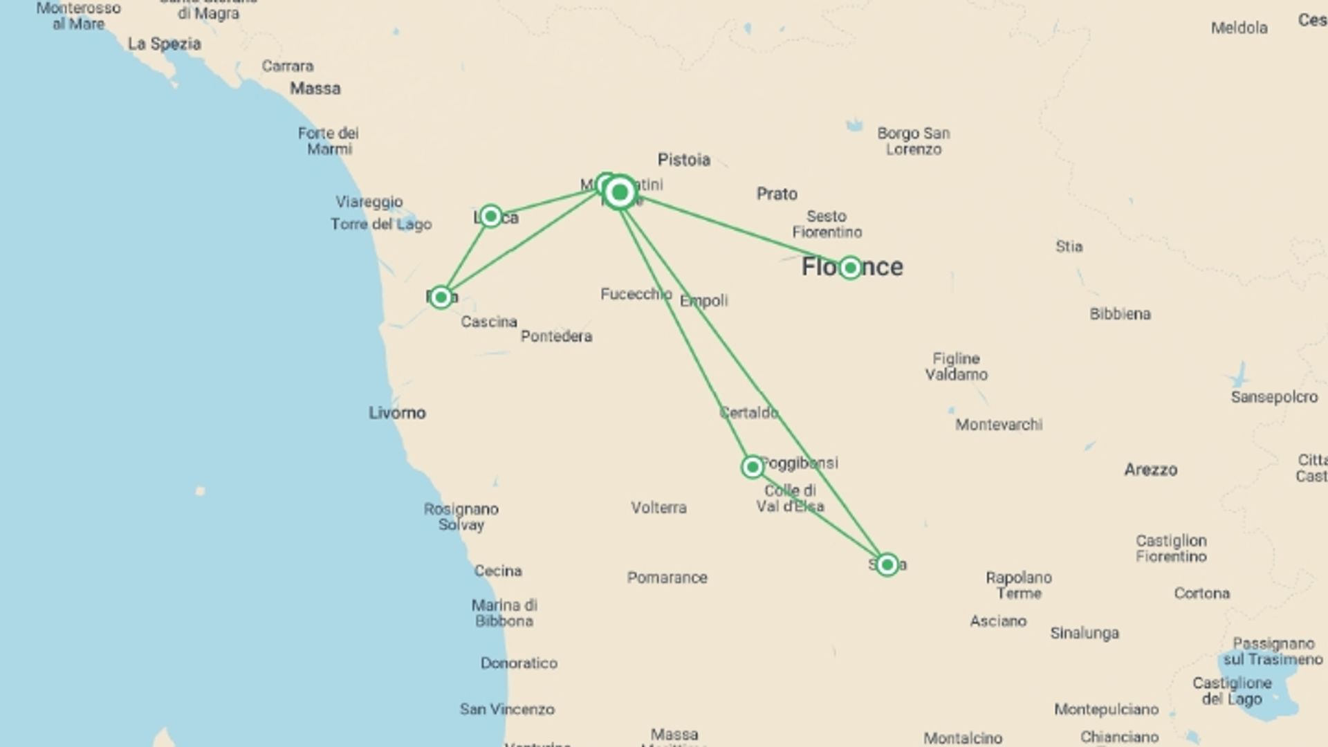 A map showing the tour itinerary for the trip: Totally Tuscany - 8 days, starting in Montecatini Terme, Italy and ending in Montecatini Terme, Italy going through 1 other destinations.