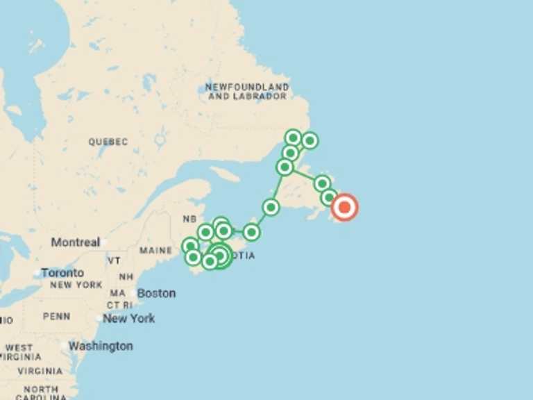 Map itinerary of Canada Tour in June 2026 with 14 destination visits for the trip: Atlantic Canada Encompassed - 23 days