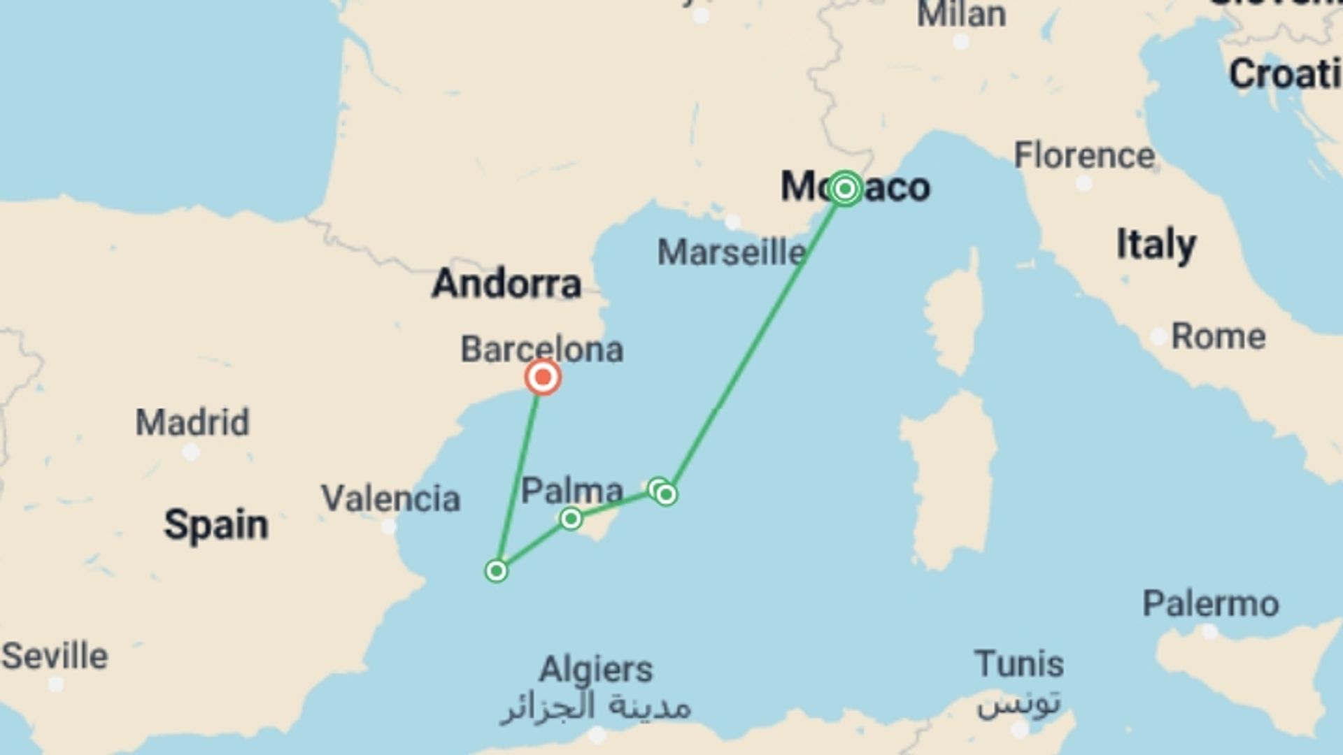 A map showing the tour itinerary for the trip: Sun and Fun in the Balearic Islands
An exciting cruise to Barcelona and the Balearic Islands (port-to-port package), starting in Nice, France and ending in Barcelona, Spain going through 3 other destinations.