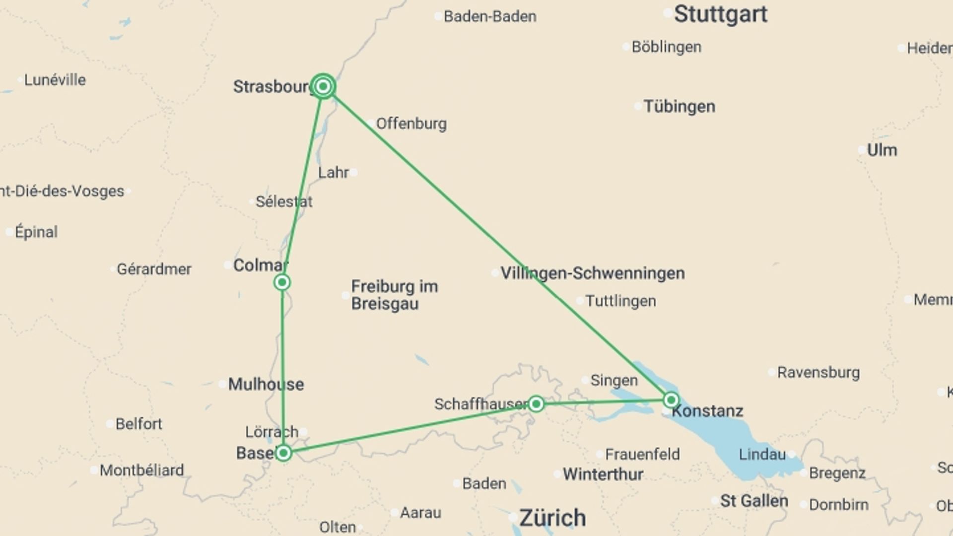 A map showing the tour itinerary for the trip: An exceptional cruise through the most beautiful regions of three different countries (port-to-port cruise), starting in Strasbourg, France and ending in Strasbourg, France going through 2 other destinations.