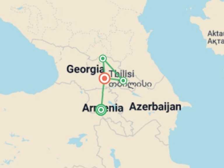 Map itinerary of Europe Tour in June 2027 with 4 destination visits for the trip: Georgia Real Food Adventure