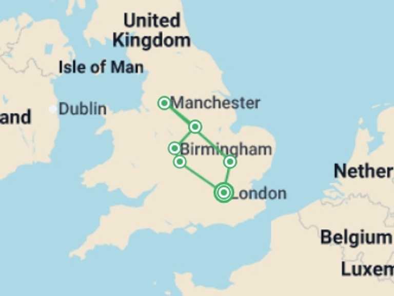 Map of Europe City sightseeing Tour with 6 destination visits for the trip: English Adventure