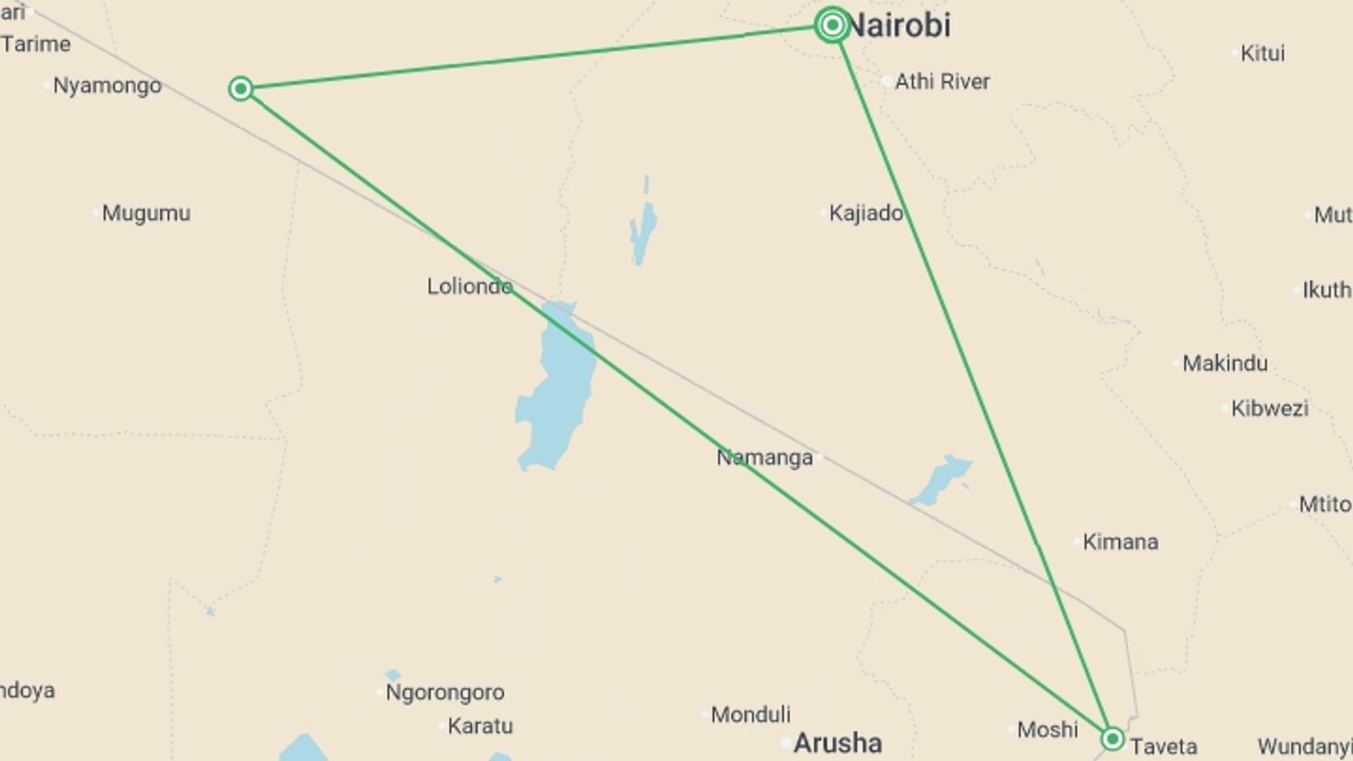 A map showing the tour itinerary for the trip: Masai Mara Wildlife Safari - 4 days, starting in Nairobi, Kenya and ending in Nairobi, Kenya going through 2 other destinations.