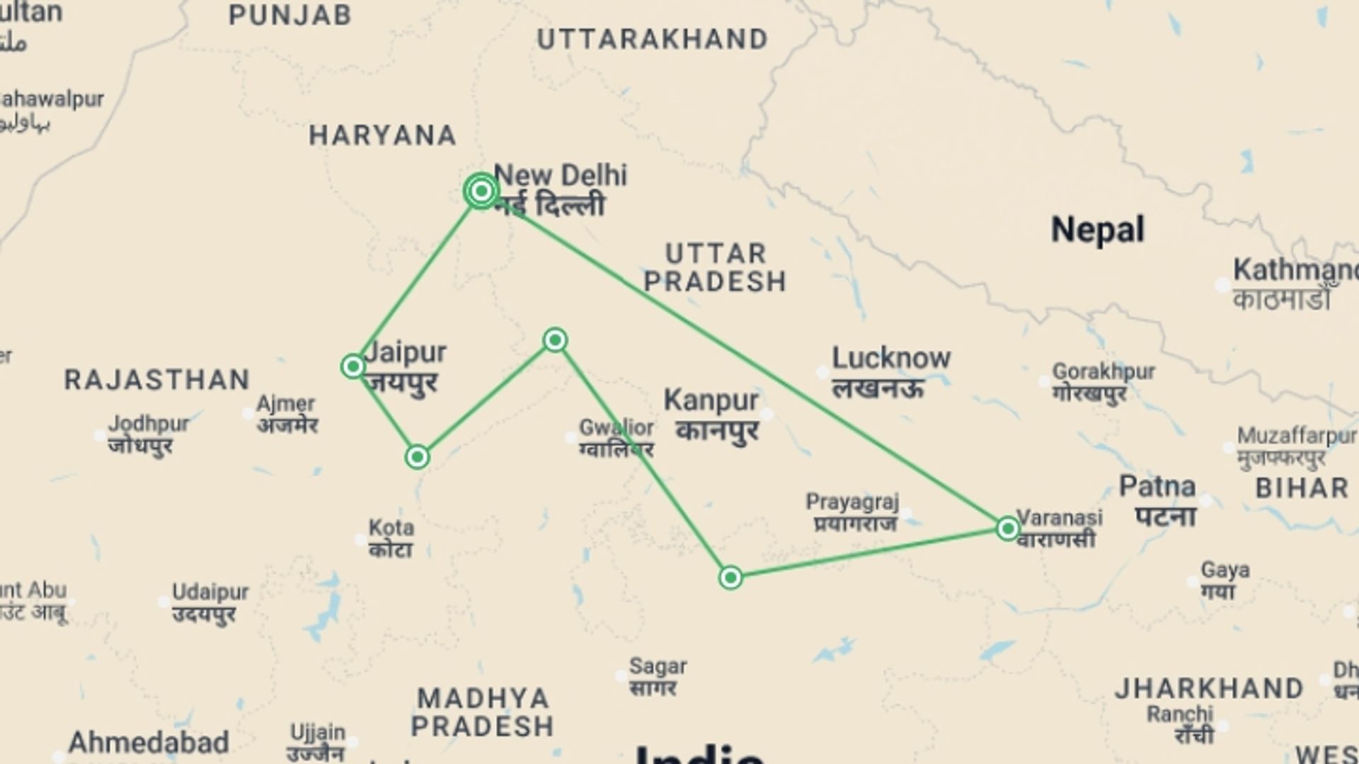 A map showing the tour itinerary for the trip: Mysteries of India , starting in New Delhi, India and ending in New Delhi, India going through 5 other destinations.