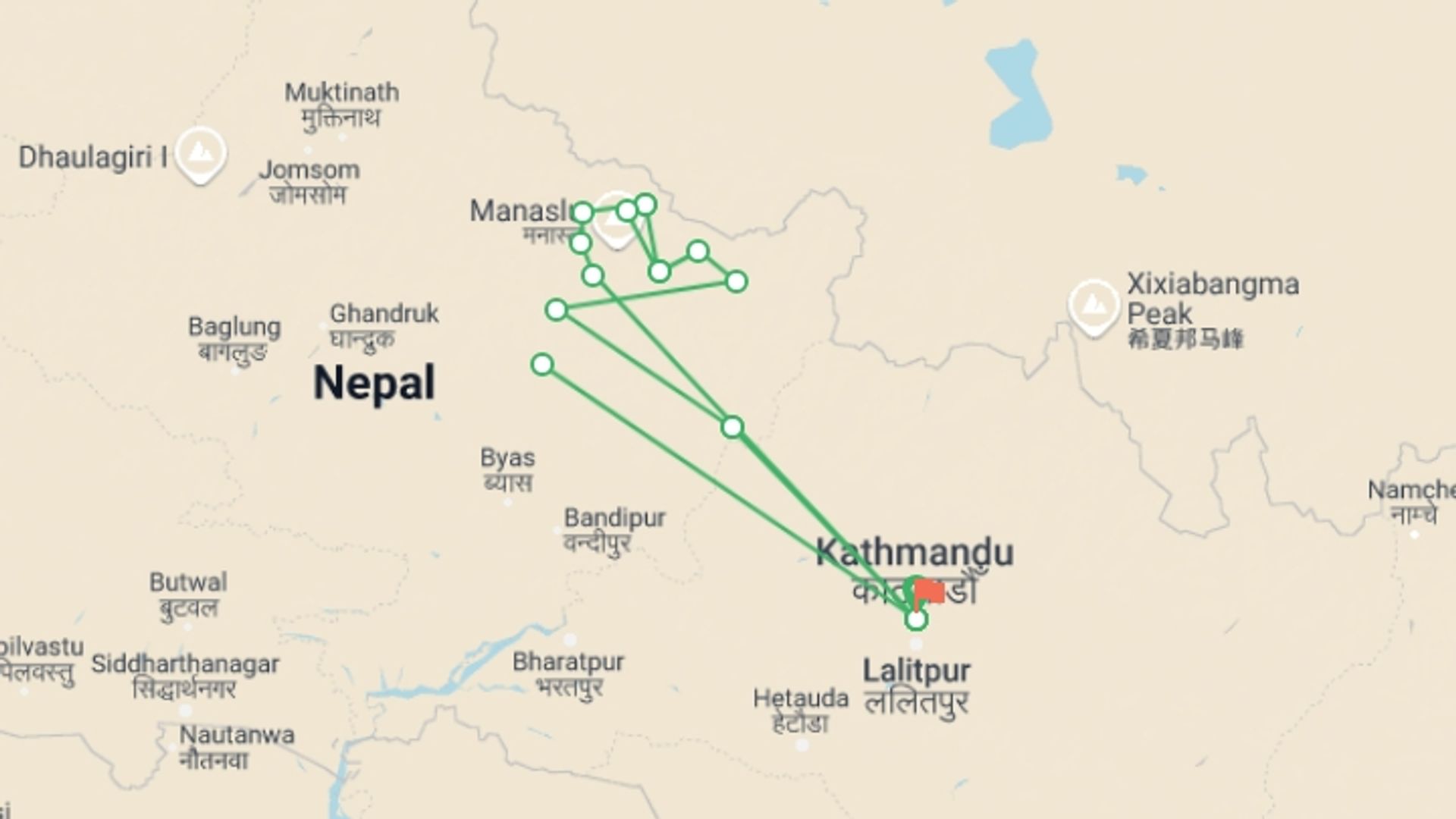 A map showing the tour itinerary for the trip: Manaslu Circuit Trek, starting in Kathmandu, Nepal and ending in Kathmandu, Nepal going through 12 other destinations.
