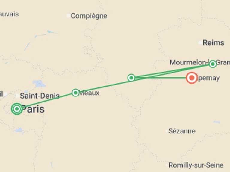 Map itinerary of Mediterranean Tour in October 2026 with 6 destination visits for the trip: Champagne and Paris by Bike and Barge
