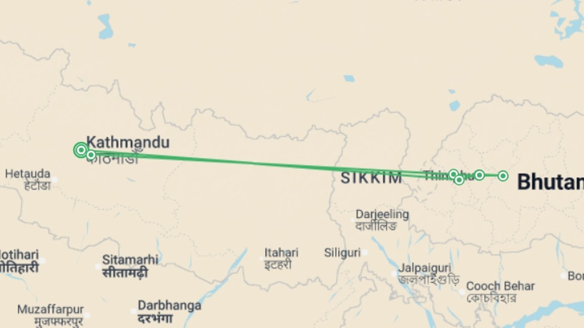 A map showing the tour itinerary for the trip: Himalayan Kingdoms, starting in Kathmandu, Nepal and ending in Kathmandu, Nepal going through 6 other destinations.