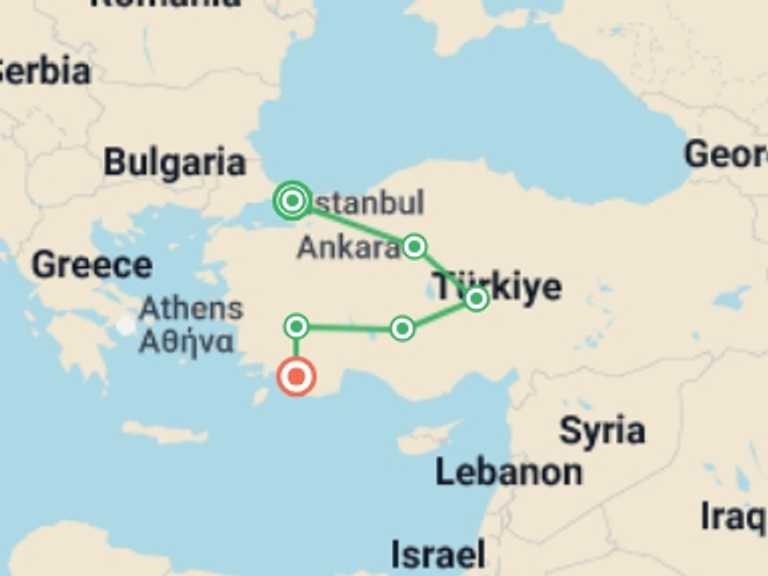Map itinerary of Turkey Tour in September 2025 with 4 destination visits for the trip: Turkey Highlights & Riviera - 9 days
