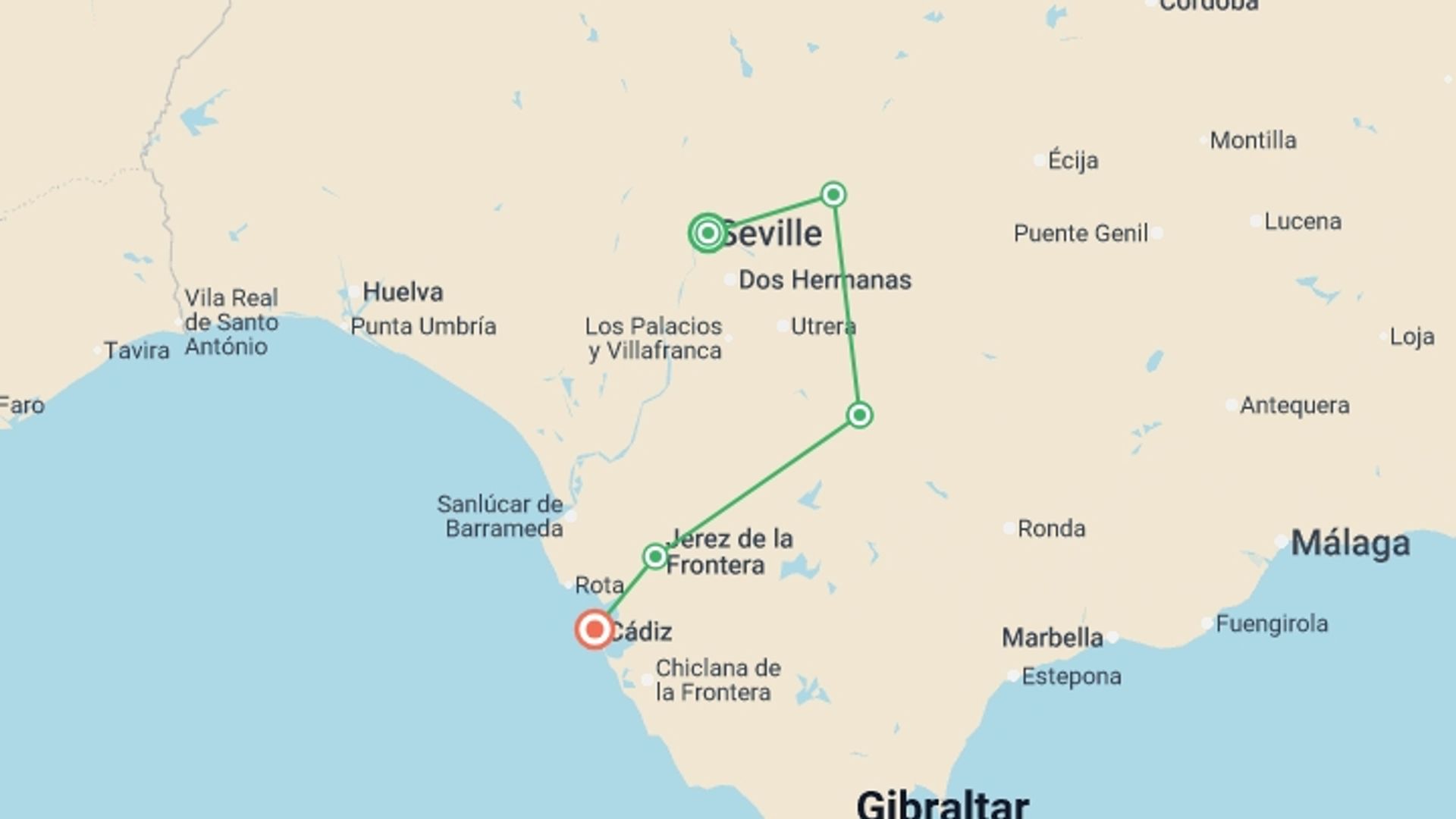 A map showing the tour itinerary for the trip: Self-Guided Cycling in Andalucia: Seville to Cadiz, starting in Seville, Spain and ending in Cadiz, Spain going through 3 other destinations.