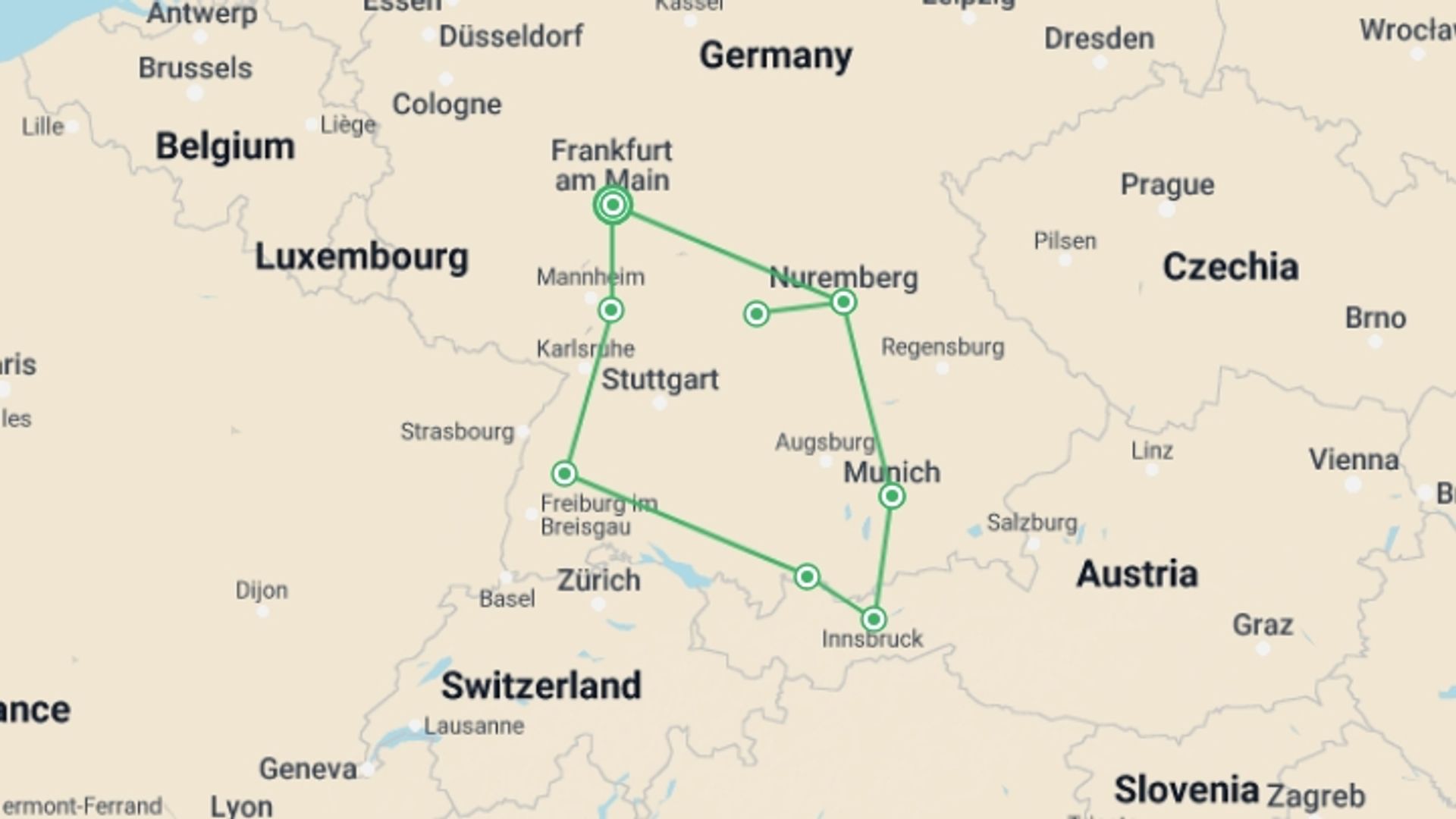 A map showing the tour itinerary for the trip: Romantic Germany Self Drive, starting in Frankfurt, Germany and ending in Frankfurt, Germany going through 6 other destinations.