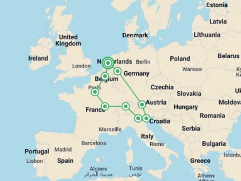 Map of Holland Tour with 8 destination visits for the trip: European Vistas