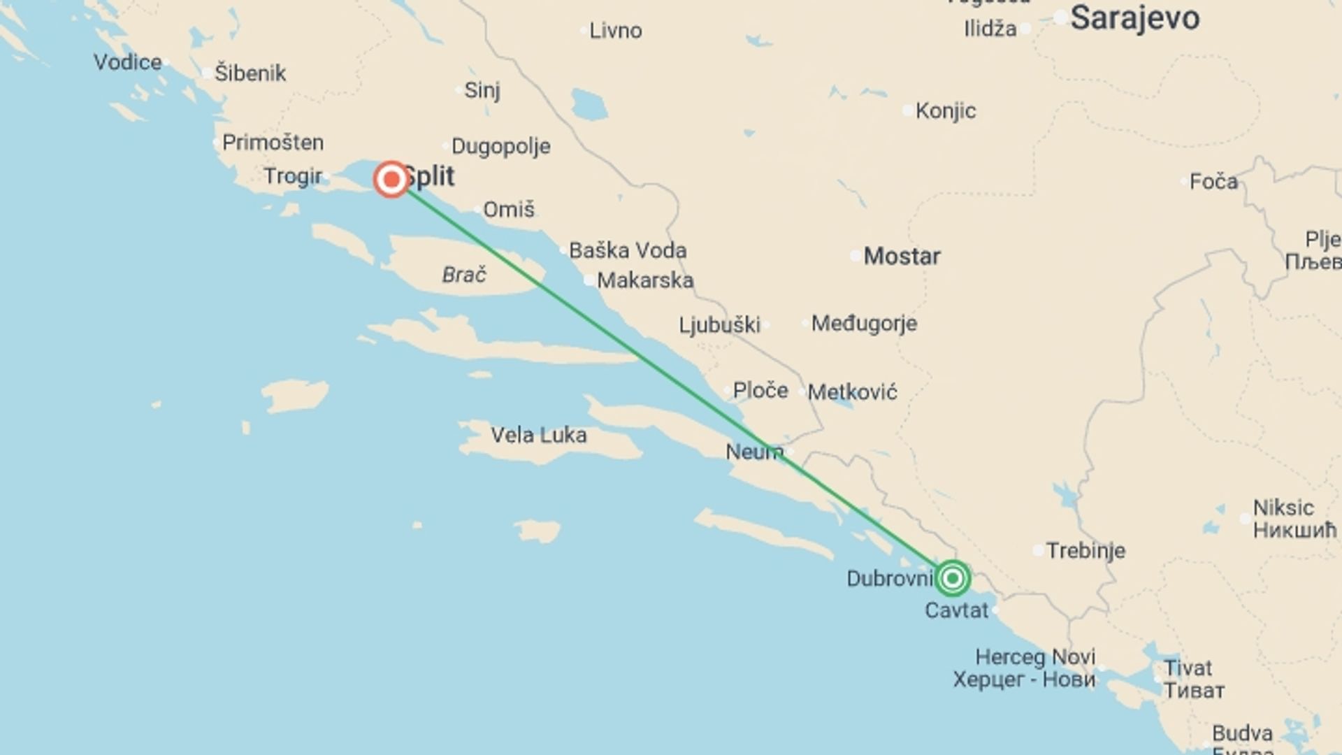 A map showing the tour itinerary for the trip: Sailing Croatia - Dubrovnik to Split, starting in Dubrovnik, Croatia and ending in Split, Croatia going through 0 other destinations.