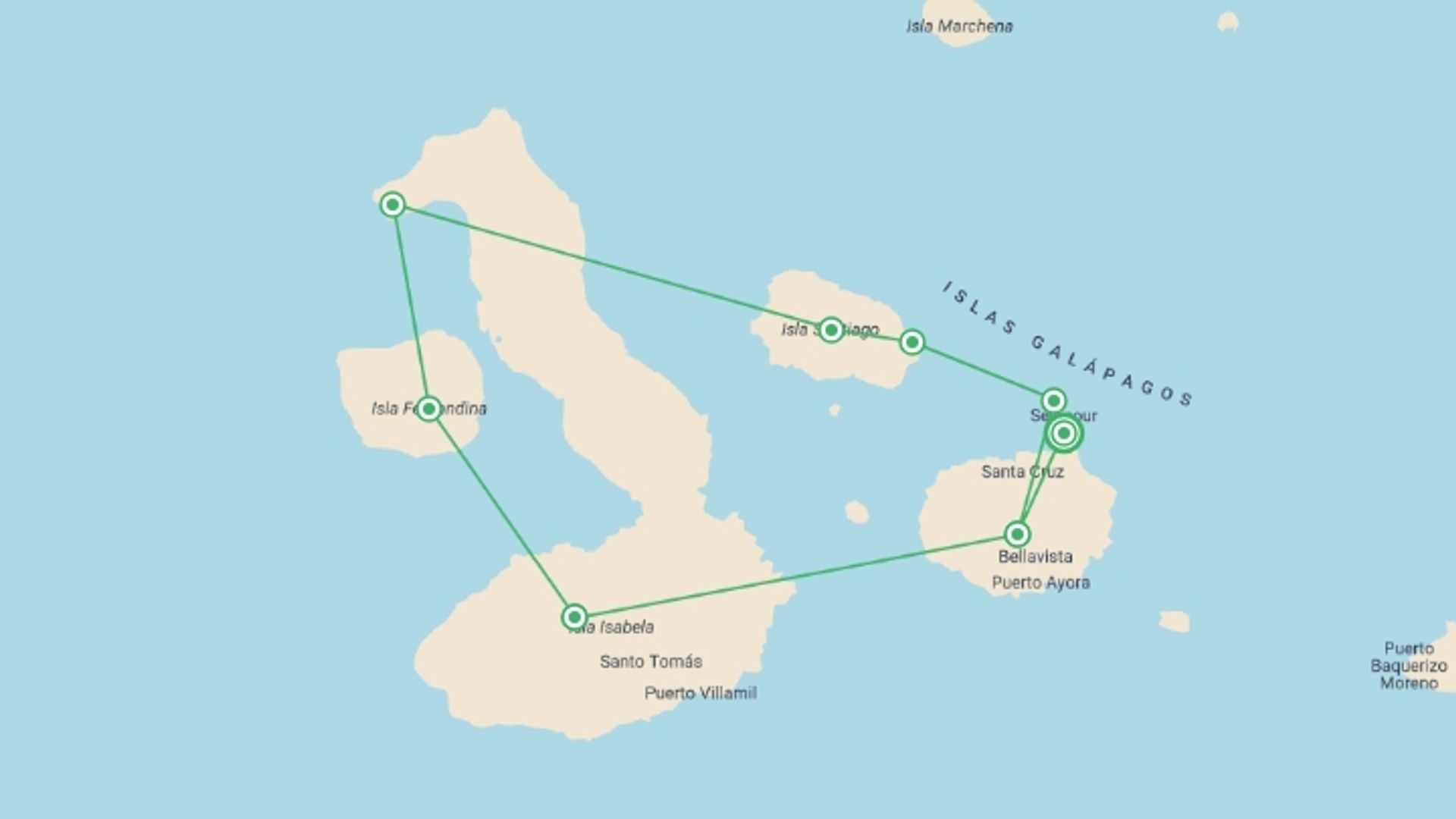 A map showing the tour itinerary for the trip: Pure Galapagos (Grand Daphne), starting in Baltra Island, Ecuador and ending in Baltra Island, Ecuador going through 5 other destinations.
