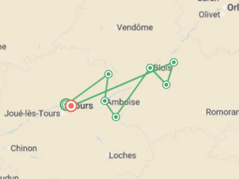 Map itinerary of Europe Tour in June 2026 with 8 destination visits for the trip: Cycling in France - Loire Valley