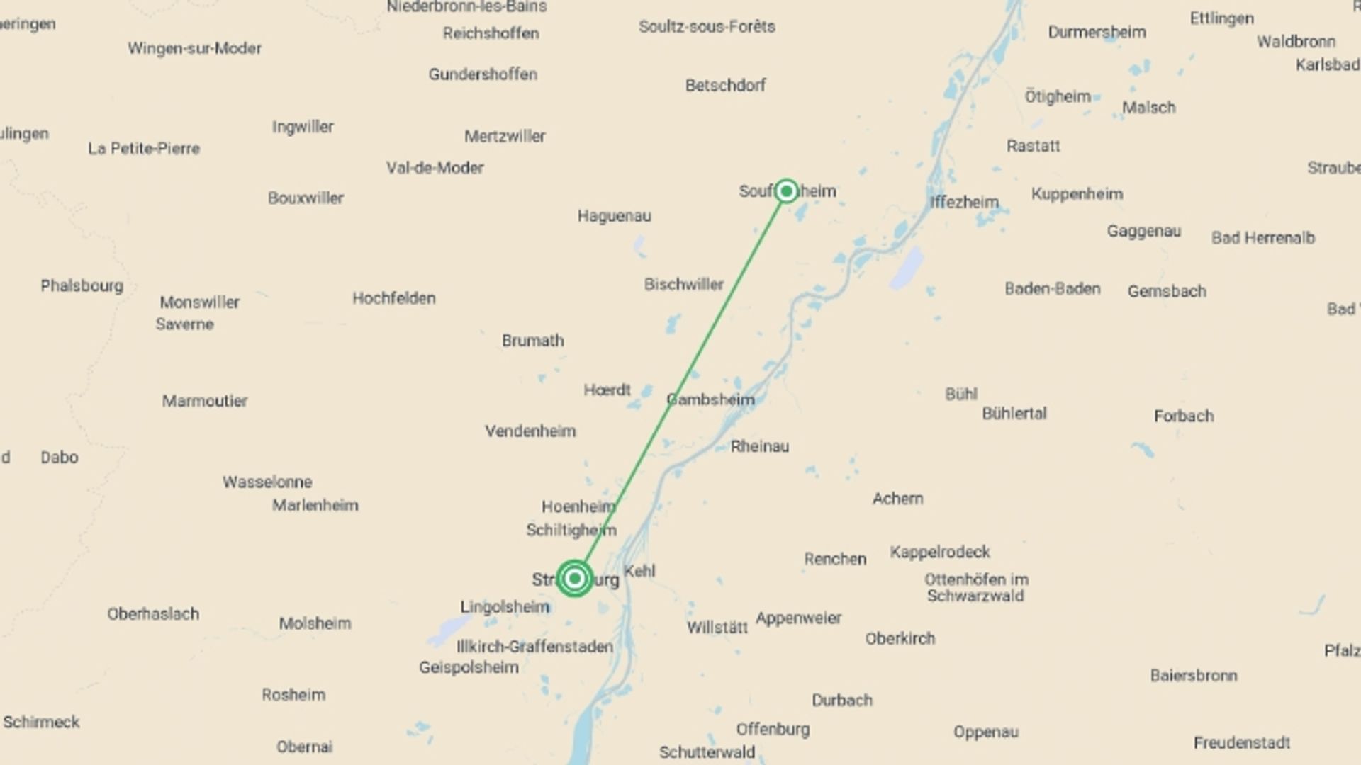 A map showing the tour itinerary for the trip: Christmas in Alsace and show at the Royal Palace (port-to-port), starting in Strasbourg, France and ending in Strasbourg, France going through 0 other destinations.