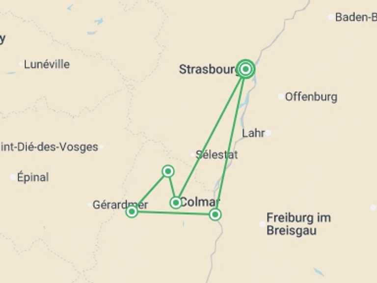 Map of Europe Tour with 3 destination visits for the trip: Alsace: land of tradition and gastronomy (port-to-port cruise)