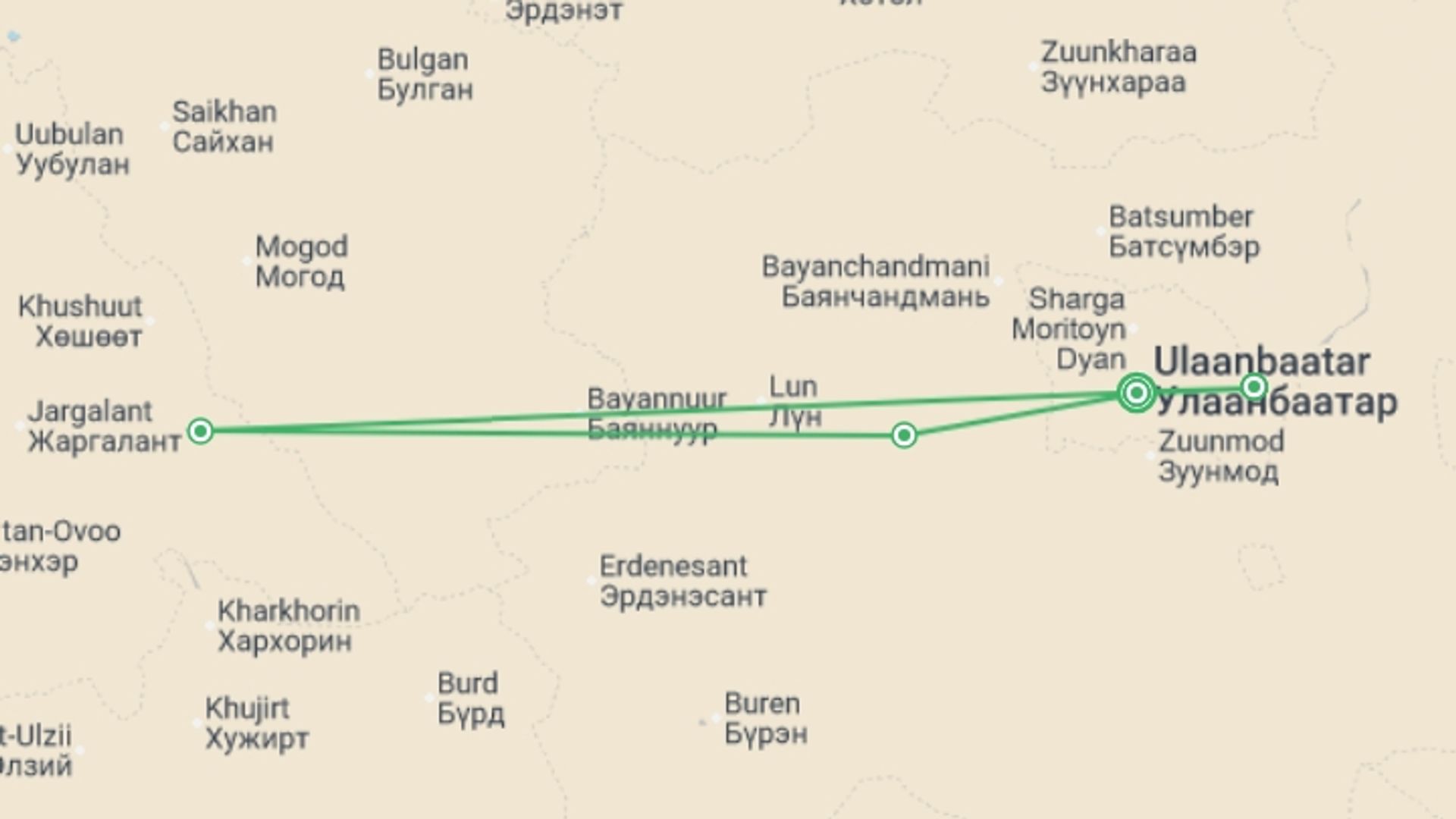 A map showing the tour itinerary for the trip: Grand Tour Mongolia: a Journey Through Time & Naadam Festival, starting in Ulaanbaatar, Mongolia and ending in Ulaanbaatar, Mongolia going through 4 other destinations.