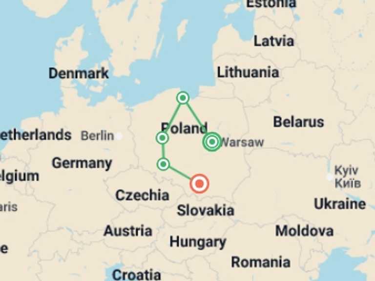 Map itinerary of Europe Tour in Fall with 5 destination visits for the trip: Christmas Markets of Poland