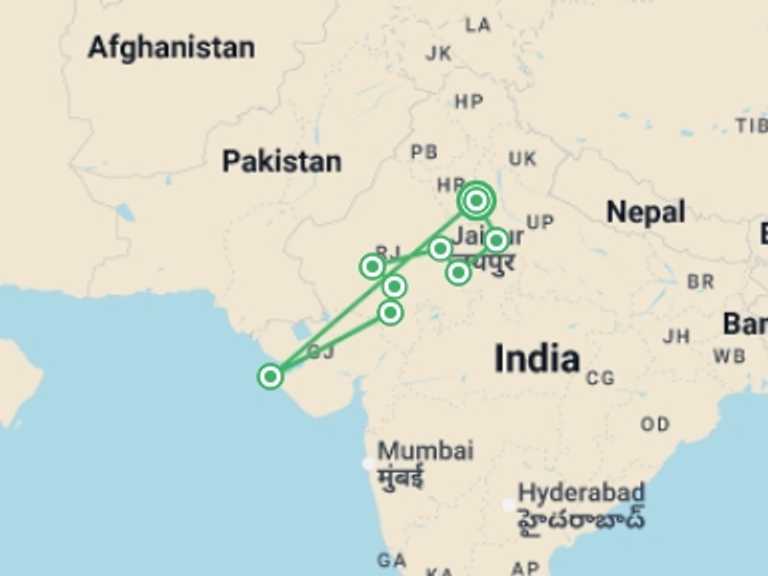 Map itinerary of India Tour in September 2027 with 8 destination visits for the trip: Amazing India (4 Star Hotels)