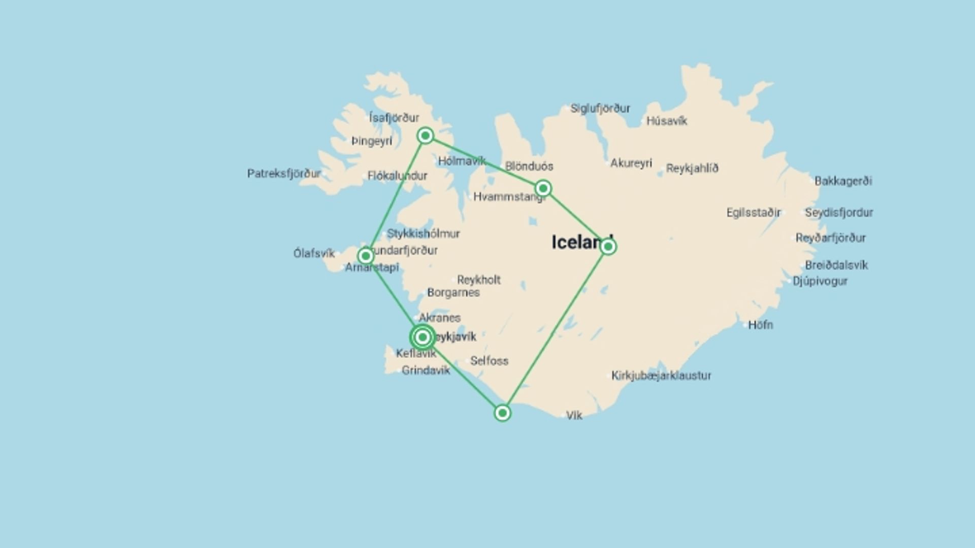 A map showing the tour itinerary for the trip: Iceland Circumnavigation: Helicopters, Glaciers and Volcanoes, starting in Reykjavik, Iceland and ending in Reykjavik, Iceland going through 5 other destinations.