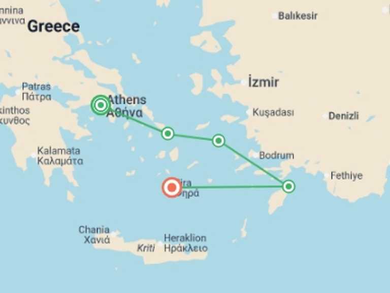 Map itinerary of Mykonos Tour in April 2026 with 5 destination visits for the trip: Athens and 04 Nights Greek Islands Cruise