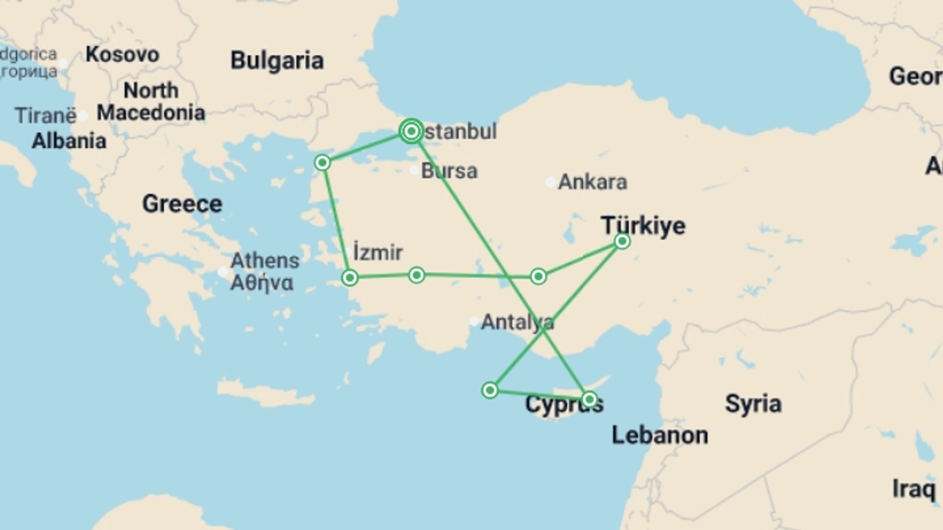 A map showing the tour itinerary for the trip: Magical Turkey with Cyprus Sun, starting in Istanbul, Turkey and ending in Istanbul, Turkey going through 5 other destinations.