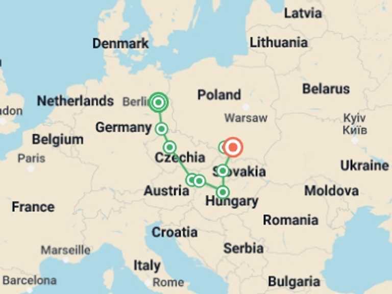 Map itinerary of Berlin Tour in March 2027 with 2 destination visits for the trip: Majestic Cities of Central & Eastern Europe featuring Berlin, Prague, Vienna, Budapest & Krakow