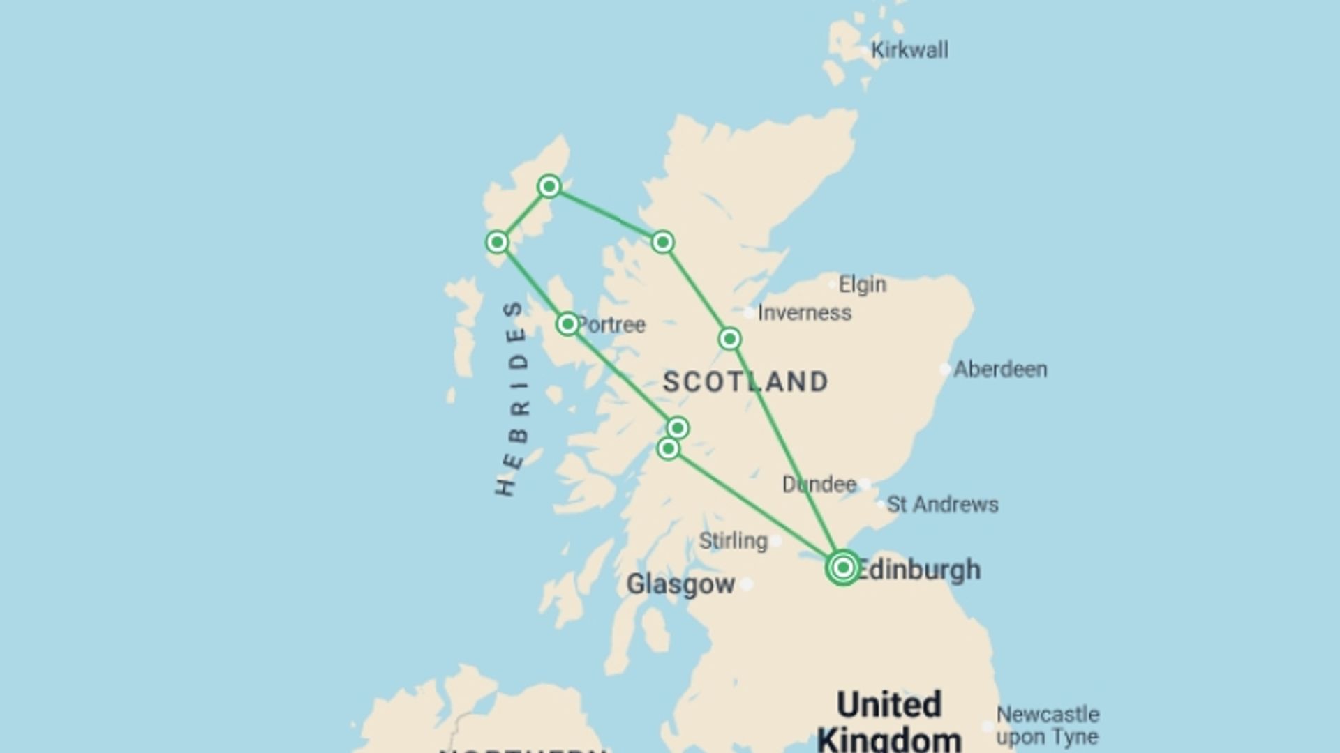 A map showing the tour itinerary for the trip: Outer Hebrides & Skye Explorer - 6 days, starting in Edinburgh, Scotland and ending in Edinburgh, Scotland going through 3 other destinations.