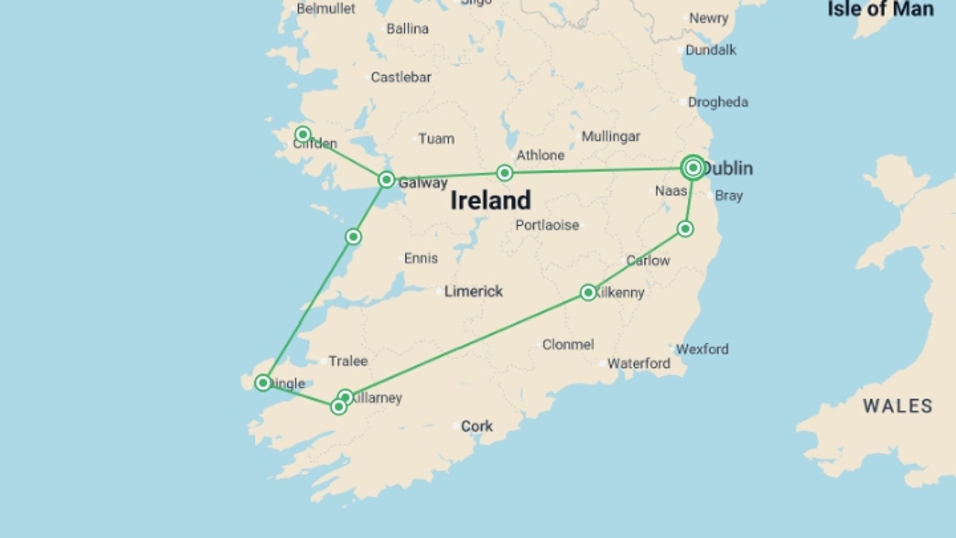 A map showing the tour itinerary for the trip: Best of the Emerald Isle - 8 days, starting in Dublin, Ireland and ending in Dublin, Ireland going through 5 other destinations.