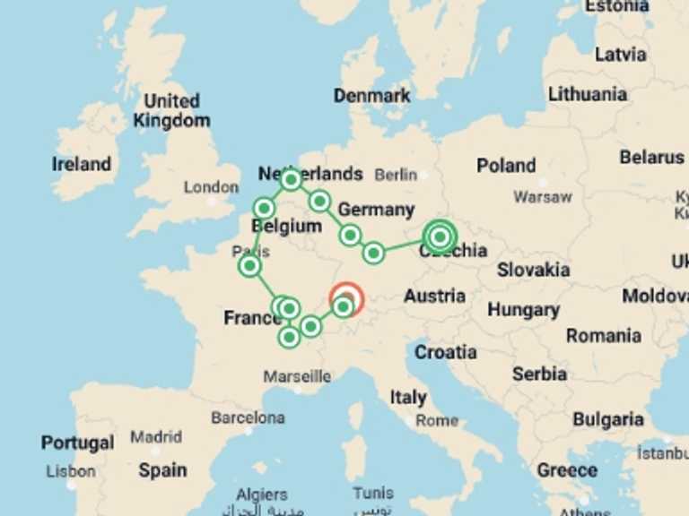 Map of 13-Day Paris Tour with 6 destination visits for the trip: Secrets in White and Green