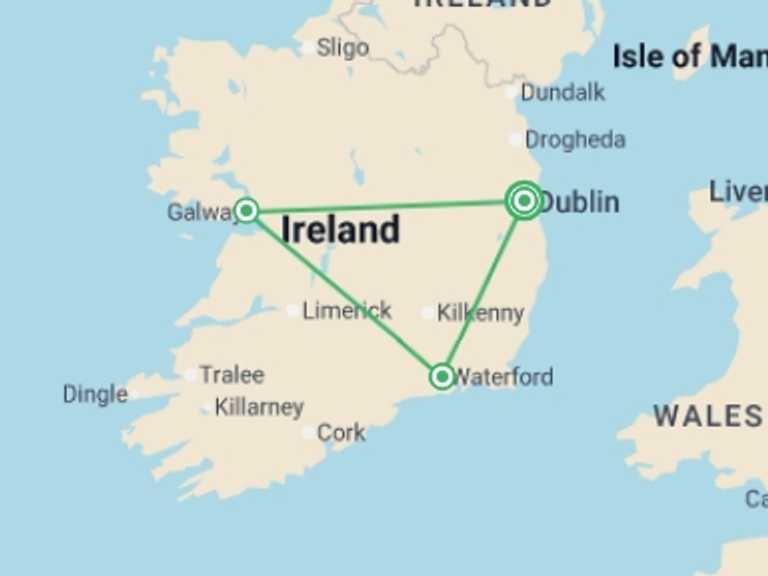 Map of Europe Tour with 3 destination visits for the trip: Ireland in Low Season