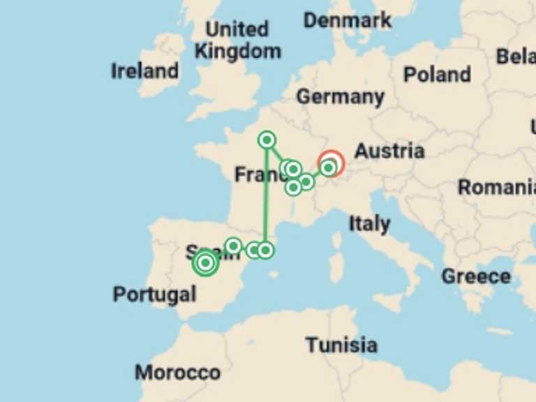 Map of 12-Day Madrid Tour with 5 destination visits for the trip: Spain, France and Switzerland