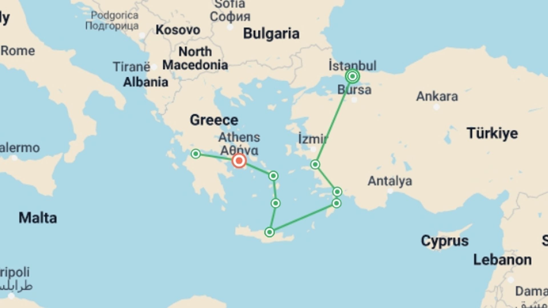 A map showing the tour itinerary for the trip: Greco - Turkish Contrasts, starting in Istanbul, Turkey and ending in Athens, Greece going through 7 other destinations.