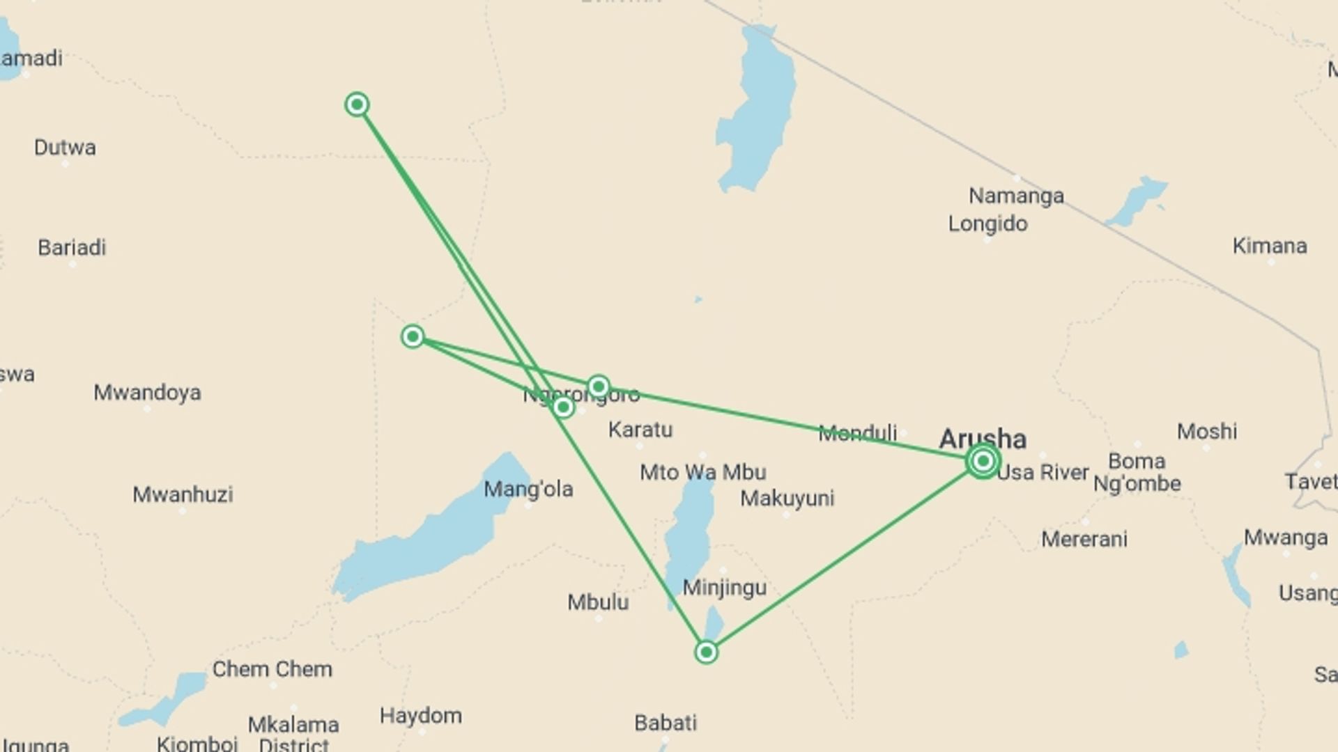 A map showing the tour itinerary for the trip: Wildebeest Migration Safari | 8 Days , starting in Arusha, Tanzania and ending in Arusha, Tanzania going through 6 other destinations.