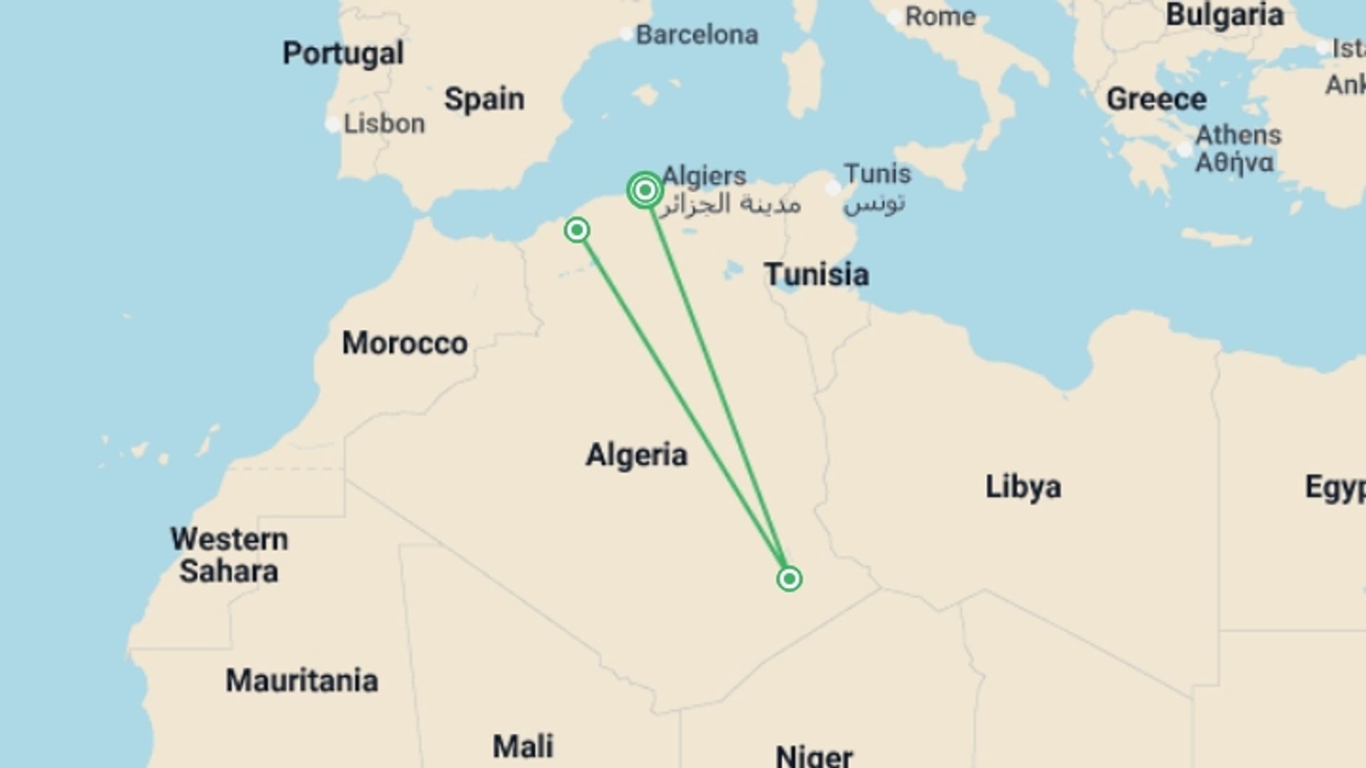 A map showing the tour itinerary for the trip: Algeria’s Sahara Desert Adventure, starting in Algiers, Algeria and ending in Algiers, Algeria going through 2 other destinations.