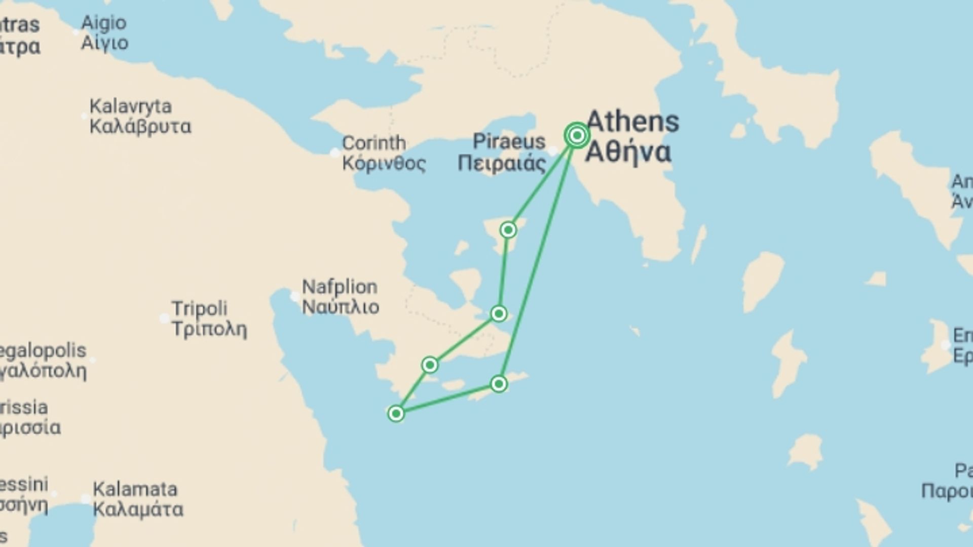 A map showing the tour itinerary for the trip: Greece: Sail & Swim, starting in Athens, Greece and ending in Athens, Greece going through 5 other destinations.