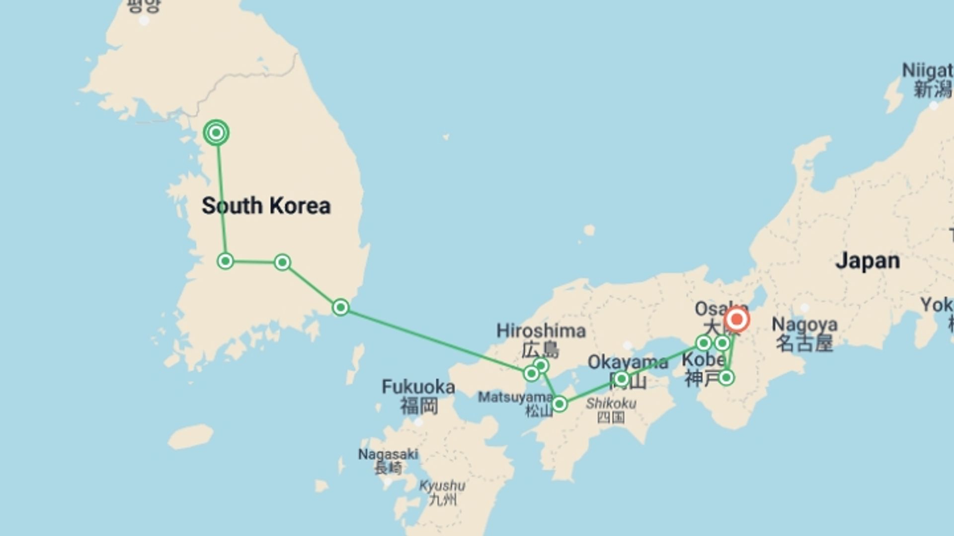 A map showing the tour itinerary for the trip: Journey from Seoul to Kyoto, starting in Seoul, South Korea and ending in Kyoto, Japan going through 6 other destinations.