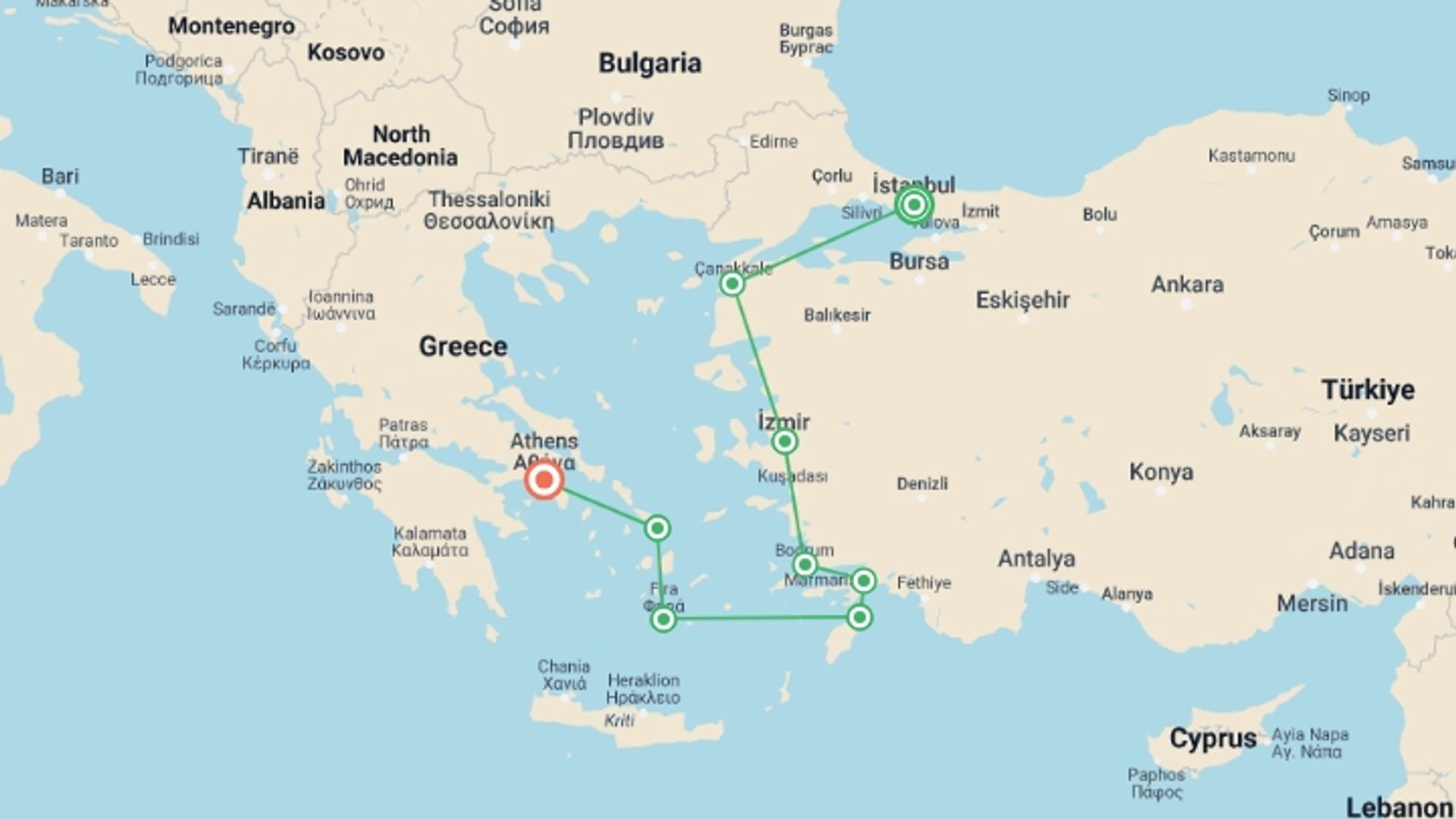 A map showing the tour itinerary for the trip: Wonders of Turkey & Greece, starting in Istanbul, Turkey and ending in Athens, Greece going through 7 other destinations.