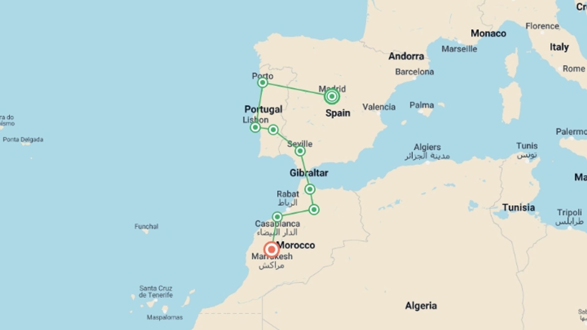 A map showing the tour itinerary for the trip: Spain, Portugal, and Morocco Adventure, starting in Madrid, Spain and ending in Marrakech, Morocco going through 6 other destinations.