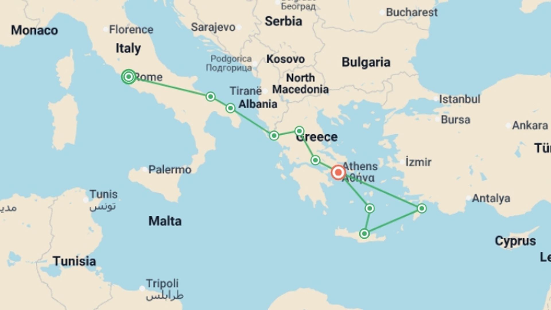 A map showing the tour itinerary for the trip: Rome, Puglia, Meteoras and Greek Islands, starting in Rome, Italy and ending in Athens, Greece going through 5 other destinations.