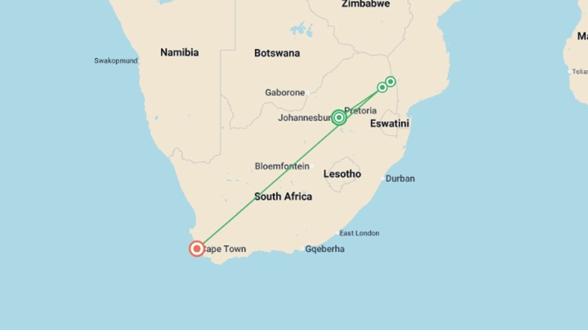 A map showing the tour itinerary for the trip: Kruger & Cape Town Discovery - 10 days, starting in Johannesburg, South Africa and ending in Cape Town, South Africa going through 2 other destinations.