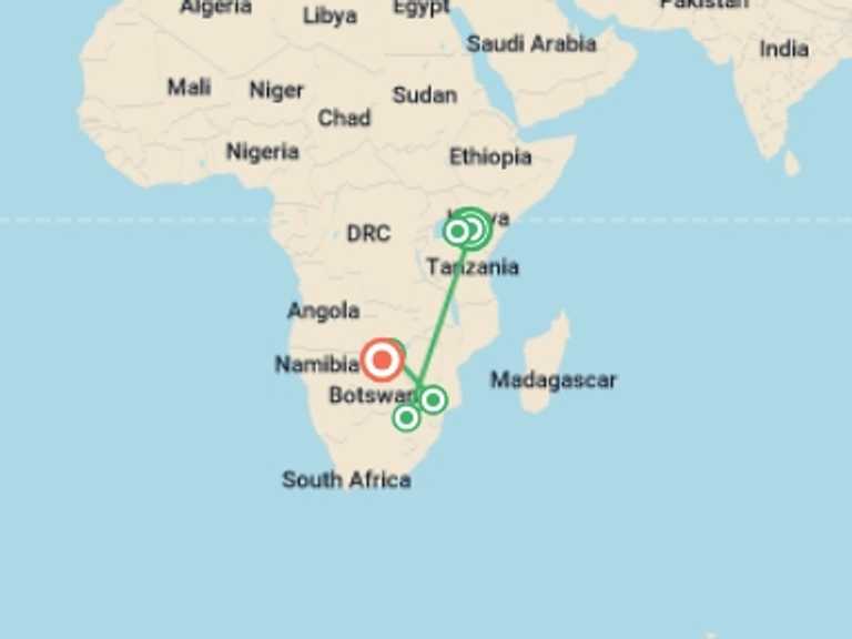 Map itinerary of Chobe National Park Tour in September 2027 with 8 destination visits for the trip: Premium Kenya & Southern Africa Highlights
