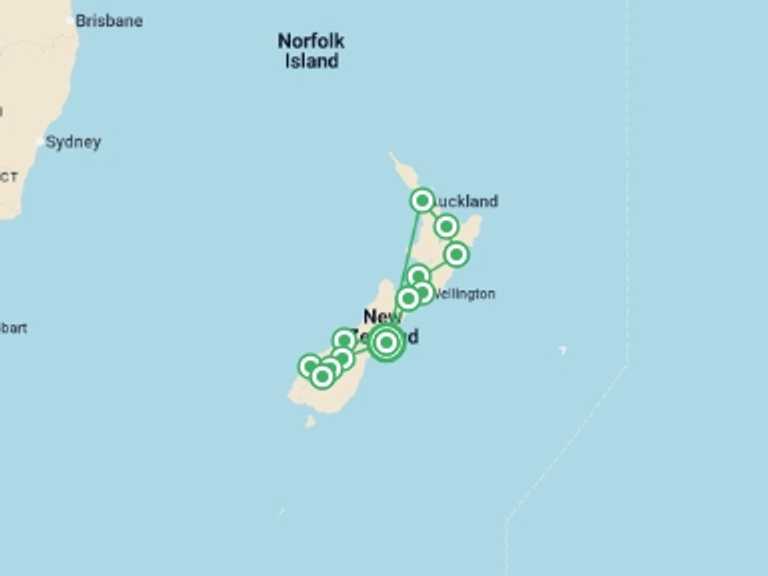 Map of New Zealand Adventure Tour with 12 destination visits for the trip: Untamed New Zealand