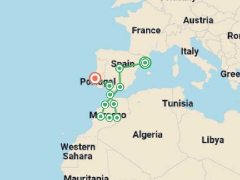 Map itinerary of Europe Tour in February 2027 with 11 destination visits for the trip: Barcelona, Madrid, Mysterious Morocco and Lisbon